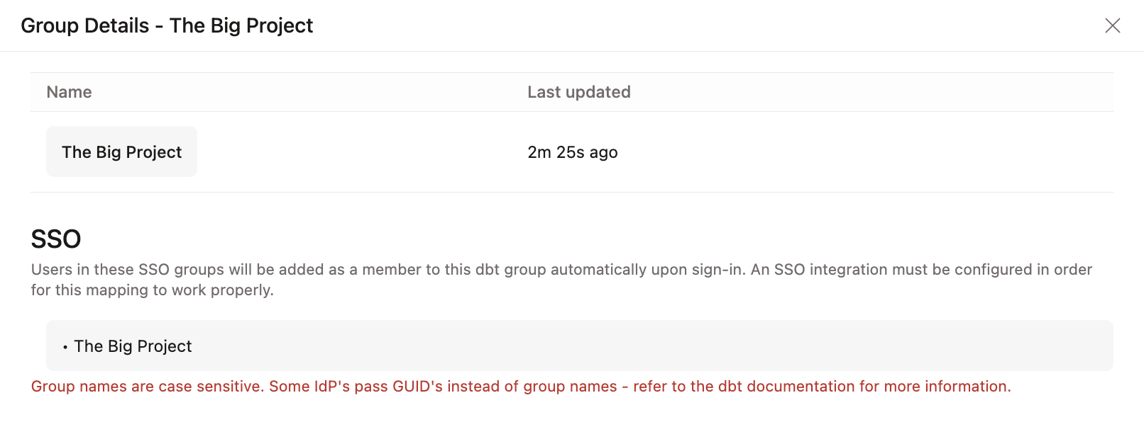 The Group details SSO section with a group configured.